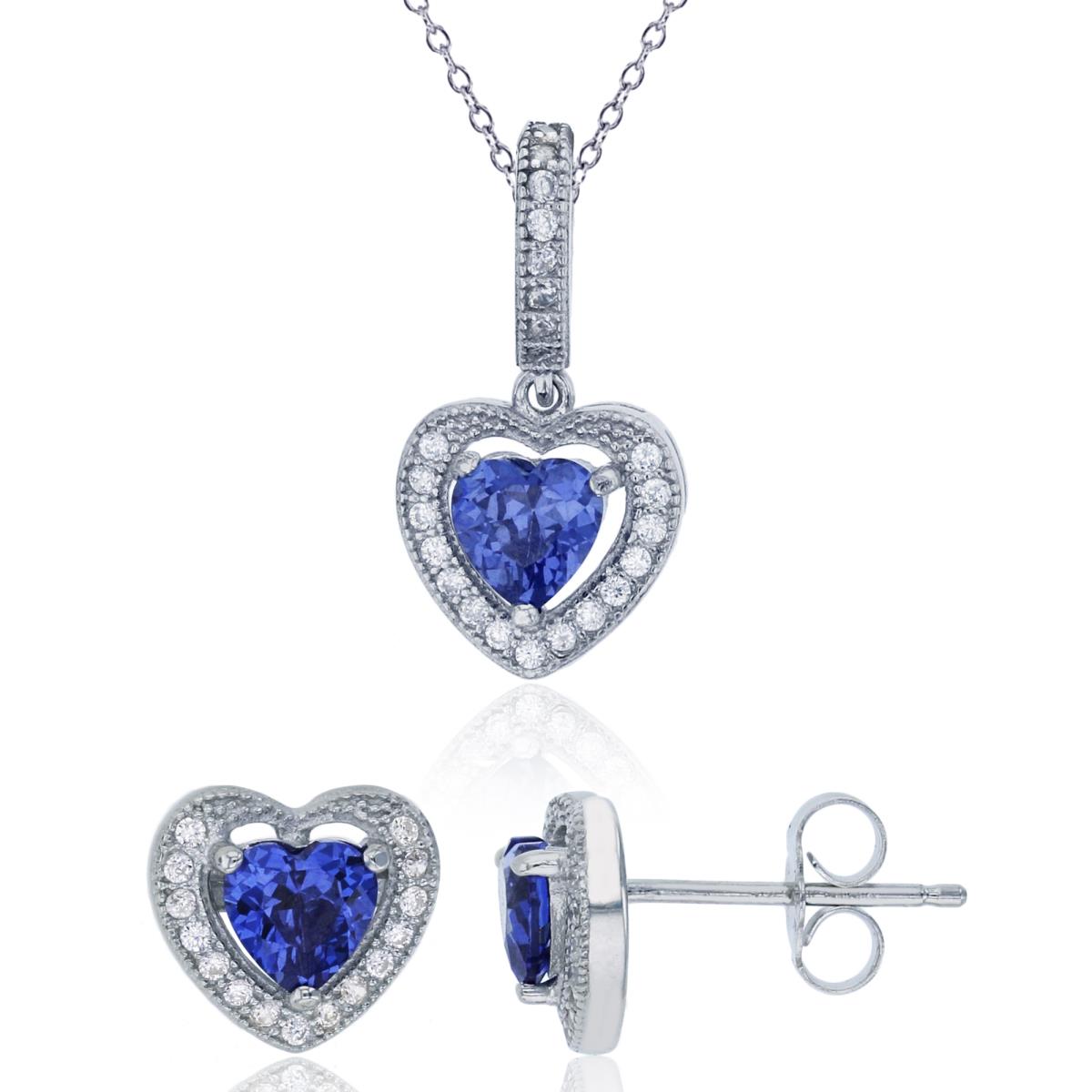 Sterling Silver Rhodium 5mm Heart Tanzanite Halo 18" Necklace & Earring Set