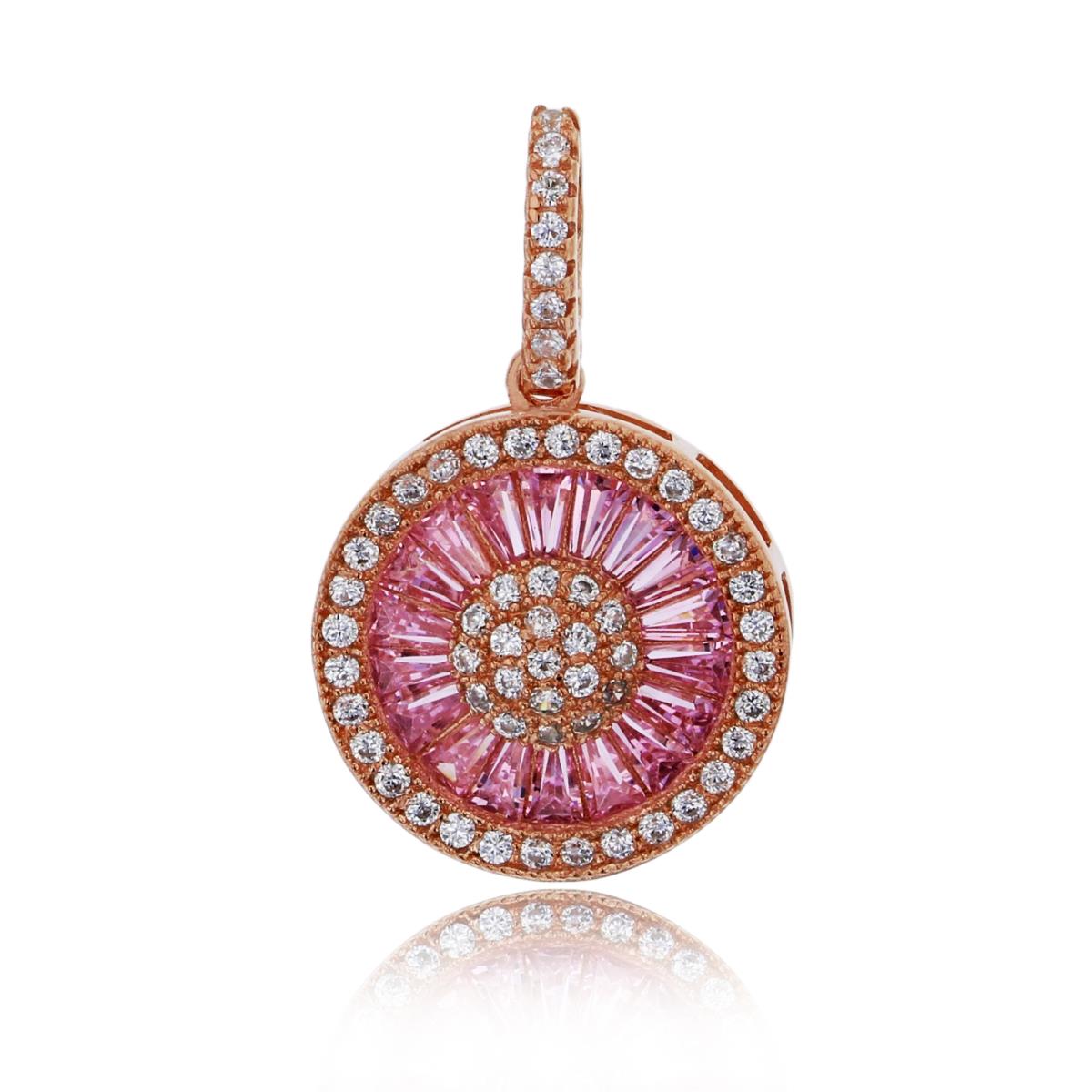 Sterling Silver Rose 1 Micron Round & Pink Baguette CZ Circle Dangling Pendant