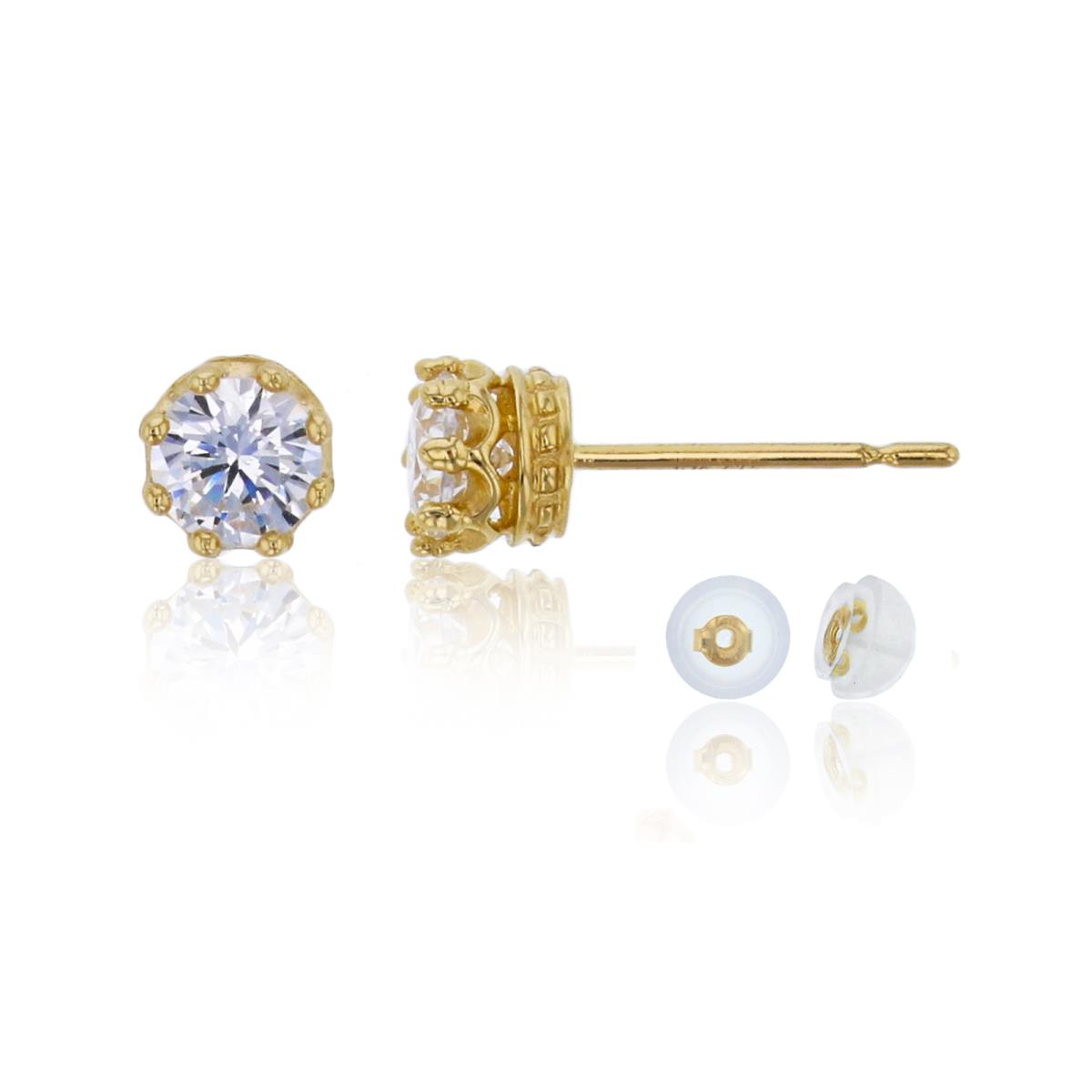 10K Yellow Gold 4mm Round Cut Crown Setting Stud Earring with Silicone Back