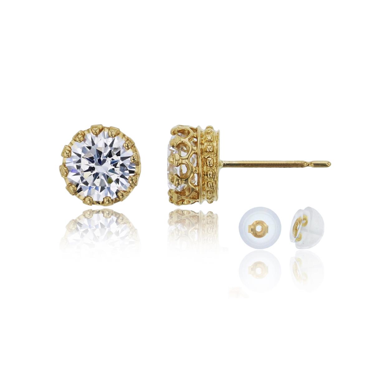 10K Yellow Gold 5mm Round Cut Crown Setting Stud Earring with Silicone Back
