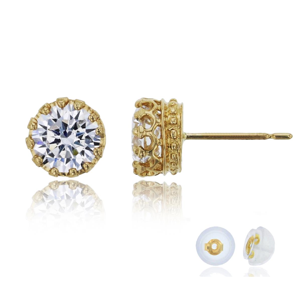 10K Yellow Gold 6mm Round Cut Crown Setting Stud Earring with Silicone Back