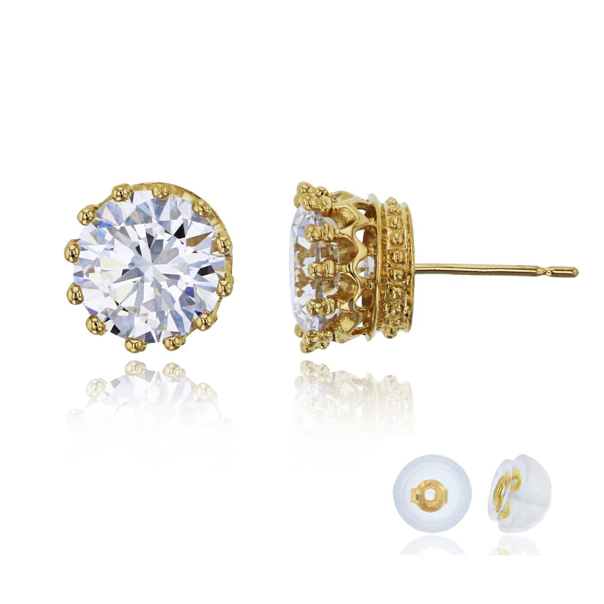 10K Yellow Gold 7mm Round Cut Crown Setting Stud Earring with Silicone Back