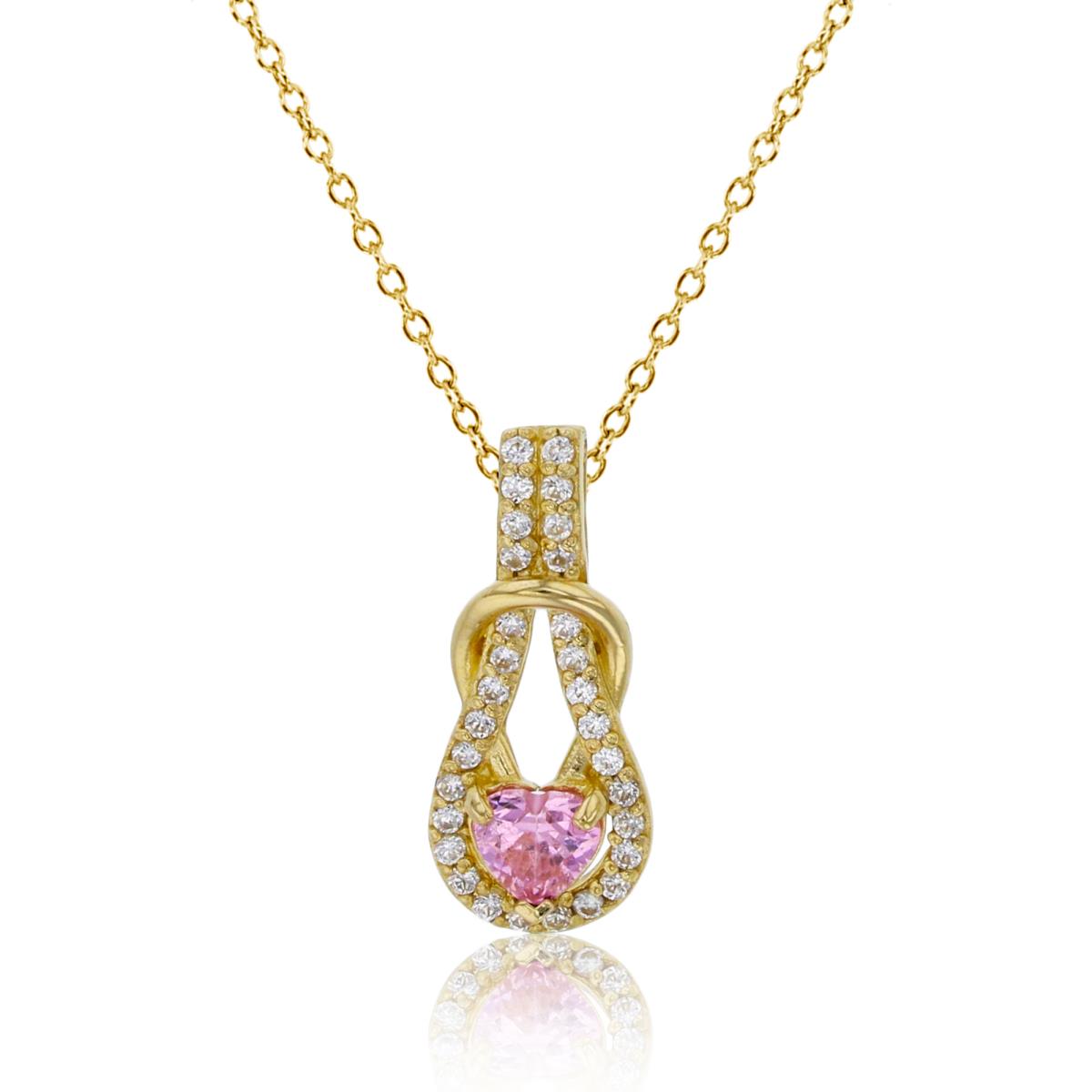14K Yellow Gold 4mm Pink Heart Cut & White CZ Elongated Knot 18" Necklace