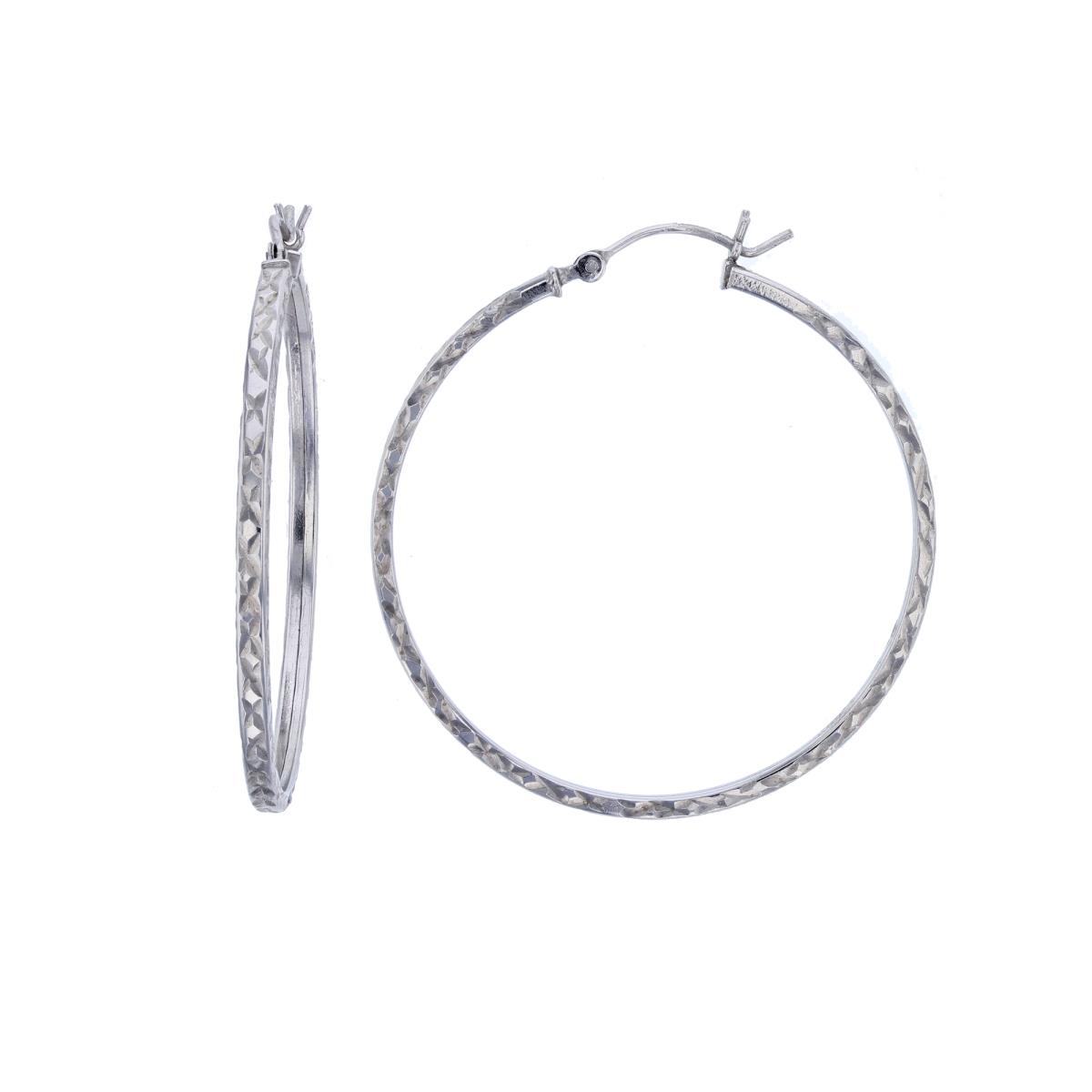 Sterling Silver Rhodium 40x2mm Diamond Cut Hoop Earring