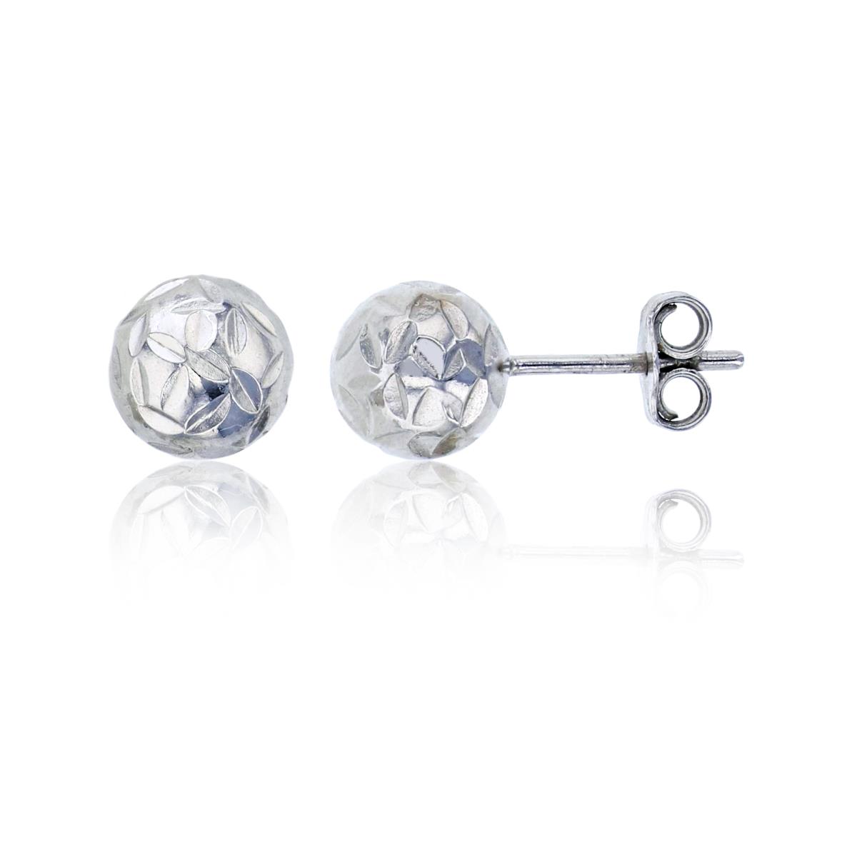 Sterling Silver Rhodium 7mm Diamond Flower Cut Ball Stud Earring