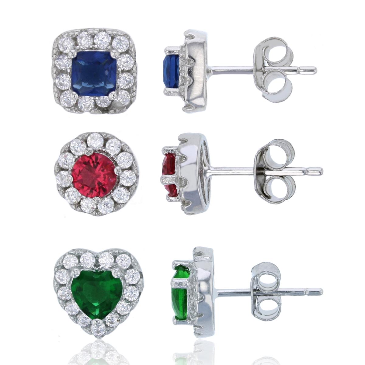 Sterling Silver Rhodium Ruby Circle, Emerald Heart & Sapphire Square Halo Stud Earring Set