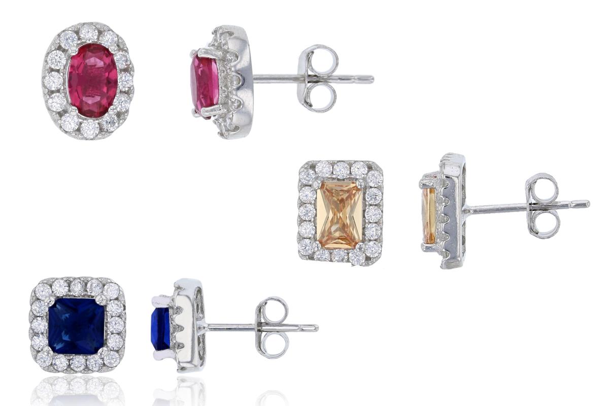 Sterling Silver Rhodium Sapphire Square, Ruby Oval & Champagne Emerald Cut Halo Stud Earring Set