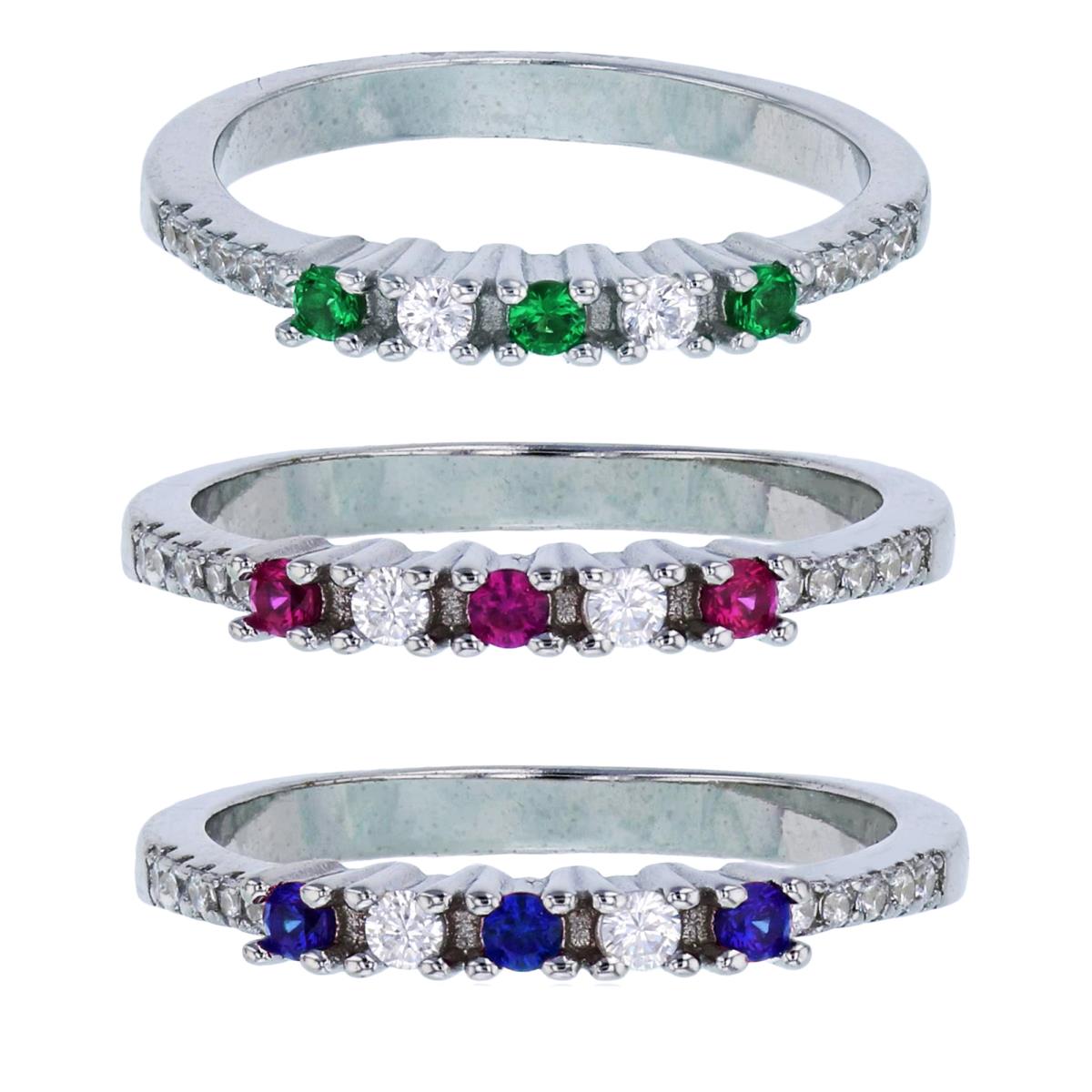 Sterling Silver Rhodium Pave Ruby+Emerald+Blue & White CZ Thin Triple Ring Set