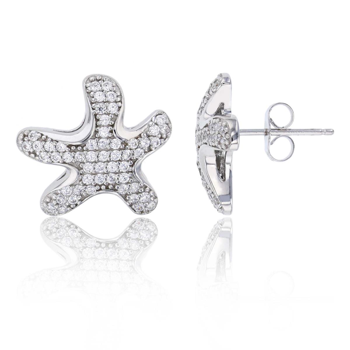 Sterling Silver Rhodium Micropave Starfish Stud Earring