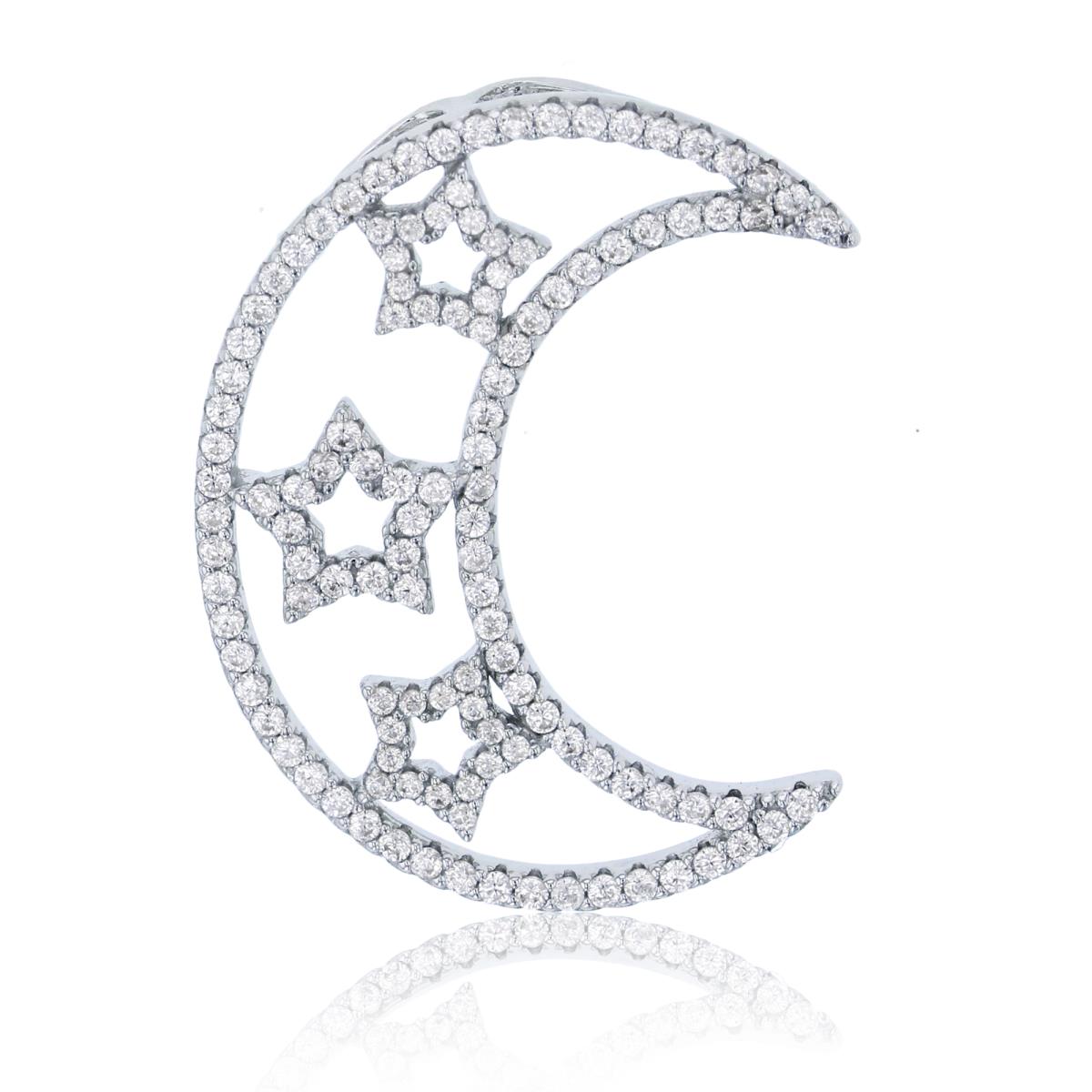 Sterling Silver Rhodium Micropave Crescent Moon & Stars Pendant