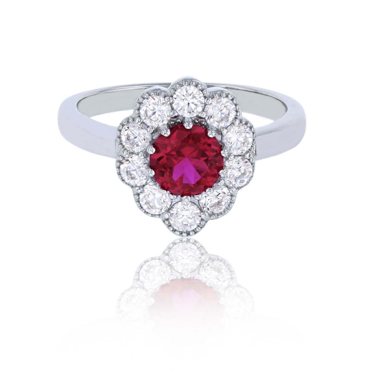 Sterling Silver Rhodium 6mm Ruby Round Cut & White CZ Milgrain Cluster Flower Fashion Ring