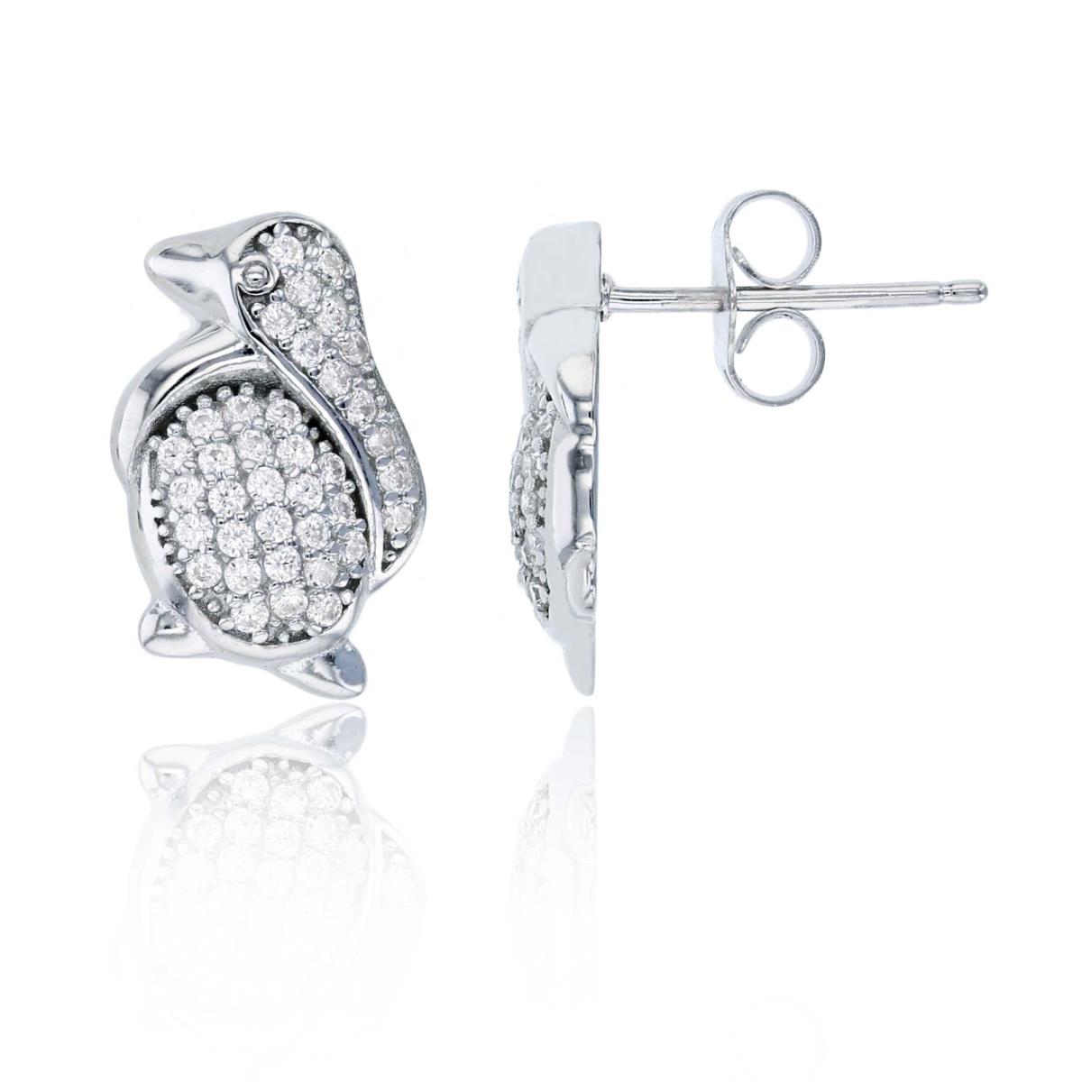 Sterling Silver Rhodium Micropave Penguin Stud Earring