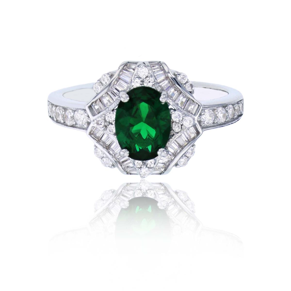 Sterling Silver Rhodium 8x6mm Emerald Oval Cut with White Baguette & Rd CZ Highway Fashion Ring