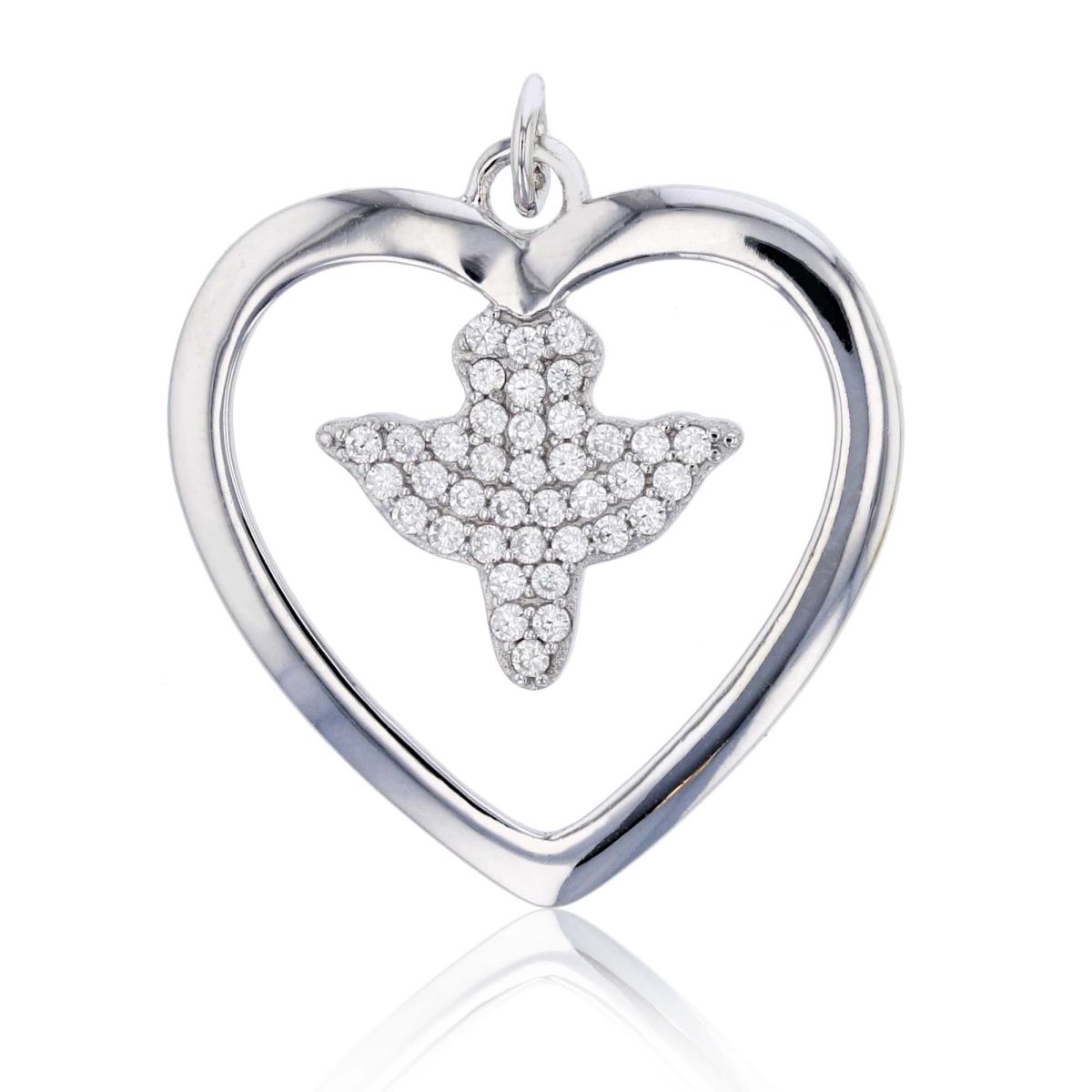Sterling Silver Rhodium Open Polished Heart with Micropave Dove Pendant