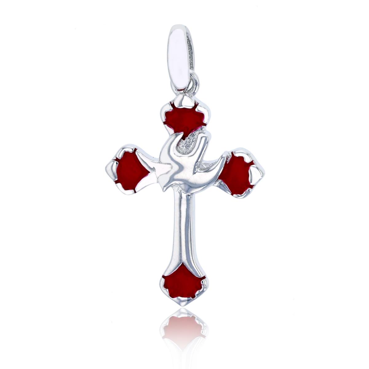 Sterling Silver Rhodium 27x15mm Polished & Red Enamel Cross with Dove Pendant