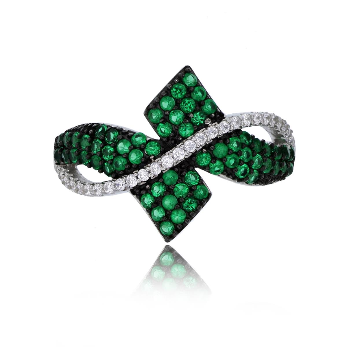 Sterling Silver Black & Rhodium Micropave Emerald & White CZ Bypass Highway Fashion Ring