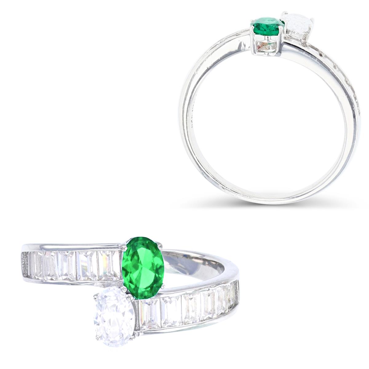Sterling Silver Rhodium Green & White 6x4mm Oval Cut with Graduated Baguette Sides Bypass Fashion Ring