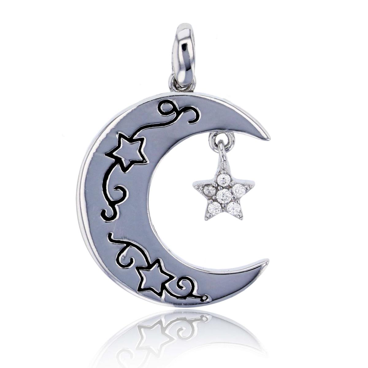 Sterling Silver Rhodium Polished & CZ Moon And Star Pendant