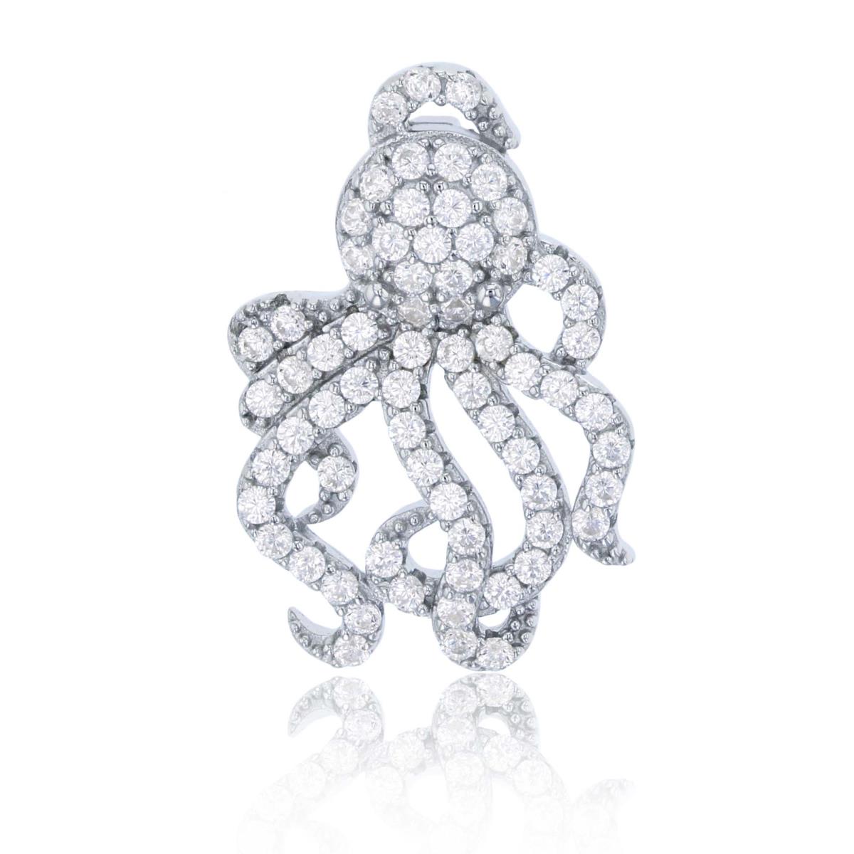 Sterling Silver Rhodium Micropave Octopus Pendant