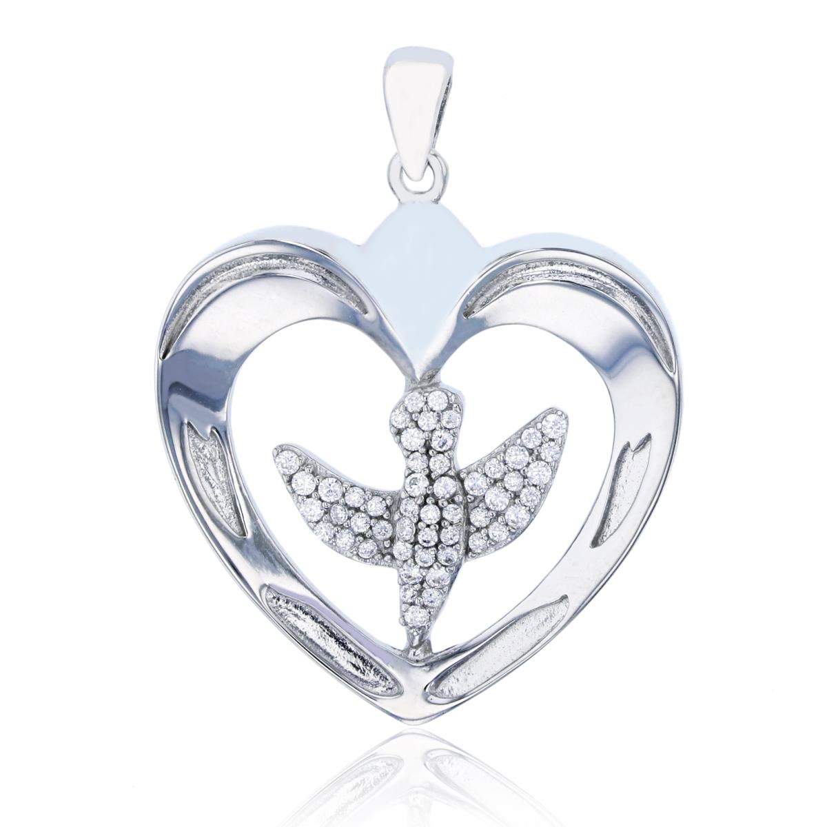 Sterling Silver Rhodium Polished Heart with Micropave Dove Pendant
