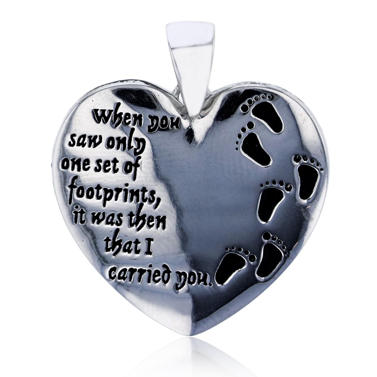 Sterling Silver Rhodium 30x25mm  Enamel Footprints & Inspirational Quote Heart Pendant