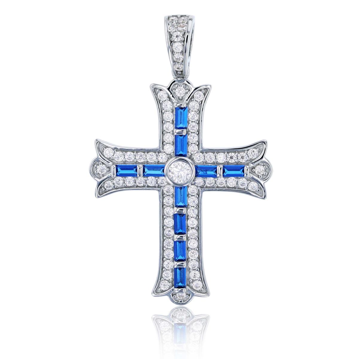 Sterling Silver  Rhodium Micropave White CZ with Sapphire Baguette Cross Pendant