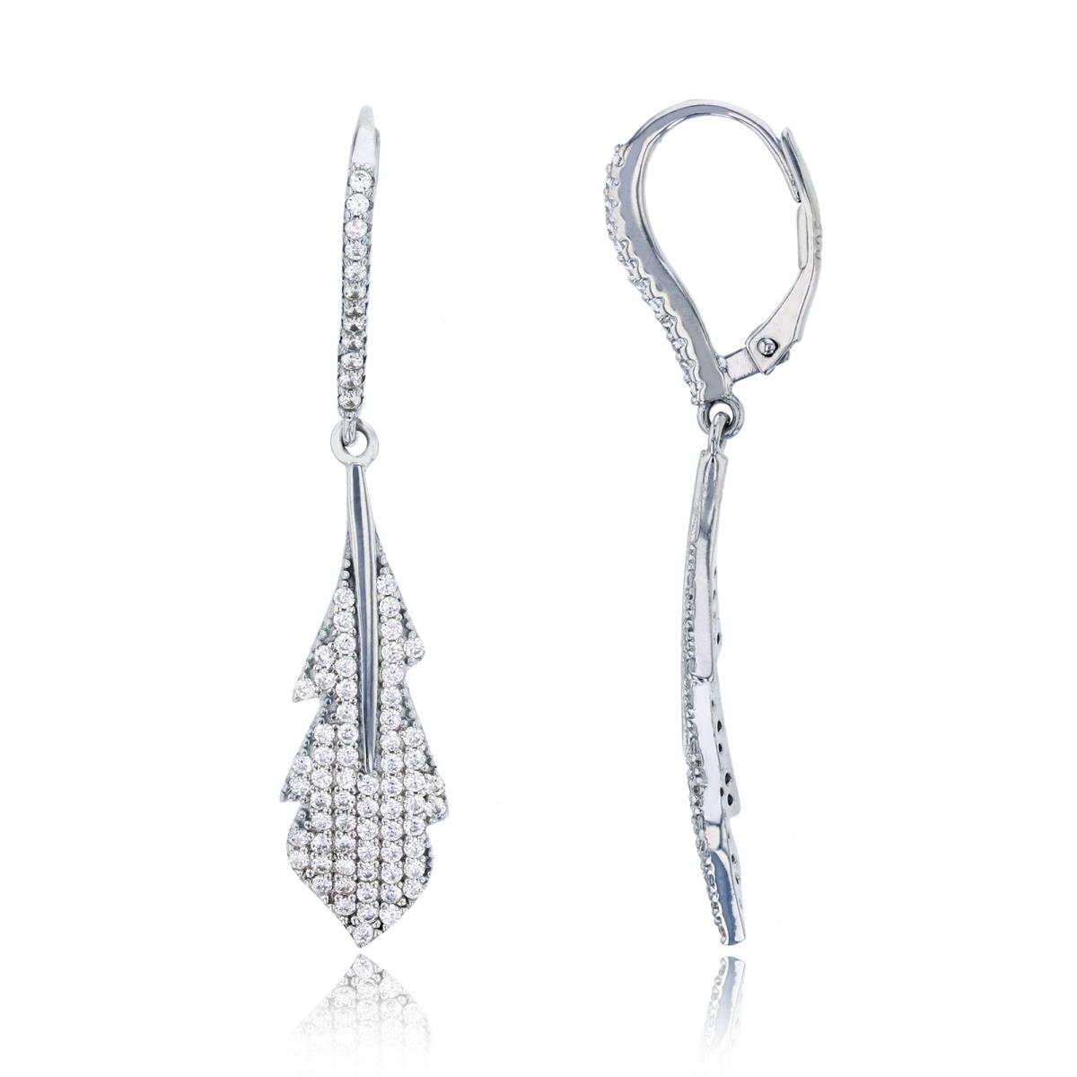 Sterling Silver Rhodium Micropave Leaf Dangling Lever-Back Earring