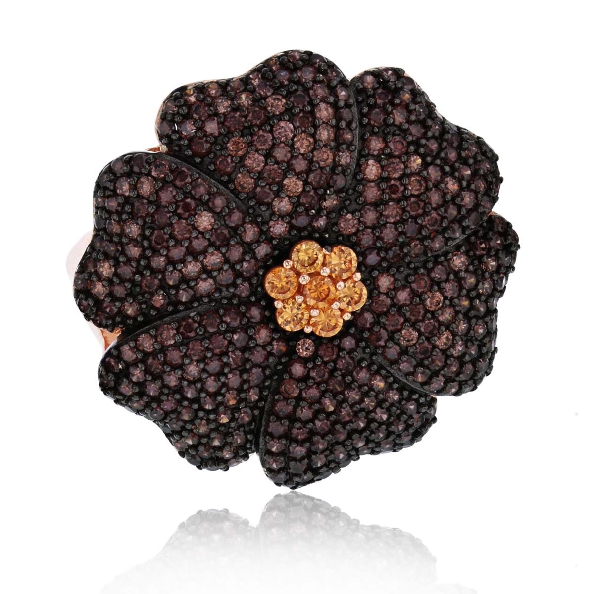 Sterling Silver Black & Rose Micropave Brown+Champagne CZ Flower Cocktail Fashion Ring