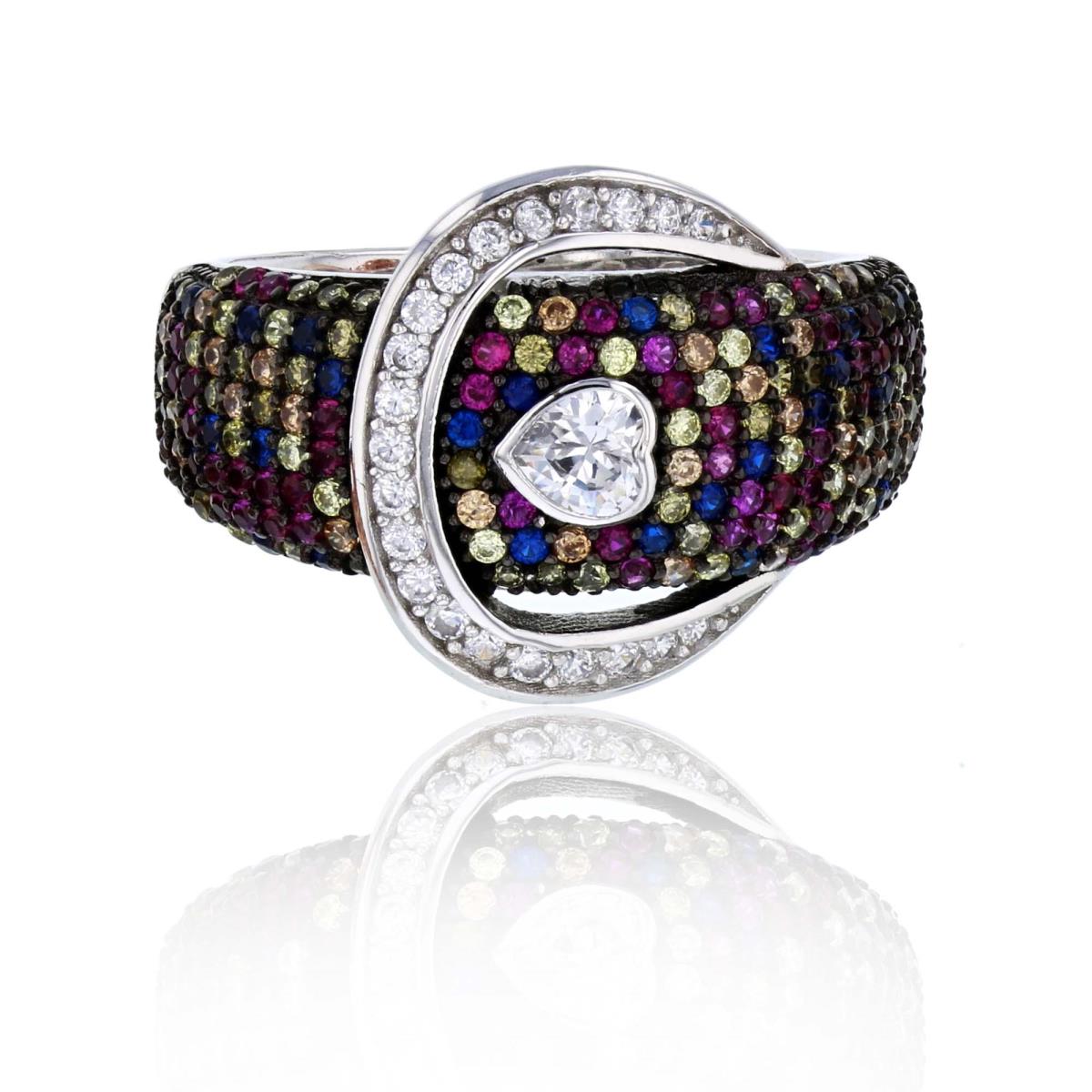 Sterling Silver Rhodium & Black Multi-Color CZ Buckle Fashion Ring