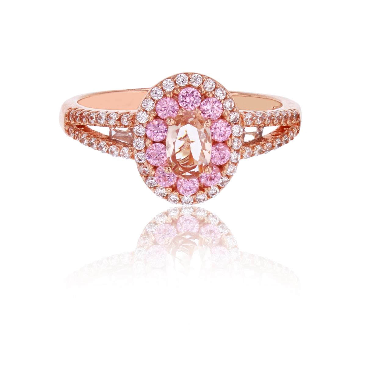 Sterling Silver Rose 6x4mm Morganite Nano Oval Cut with Pink & White CZ Double Halo & Sides Fashion Ring