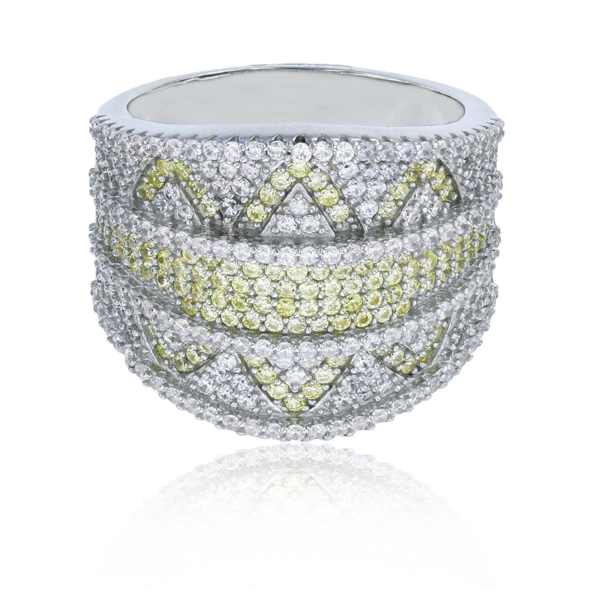 Sterling Silver Rhodium Micropave Canary Yellow & White CZ 3-Row Valley Design Fashion Ring