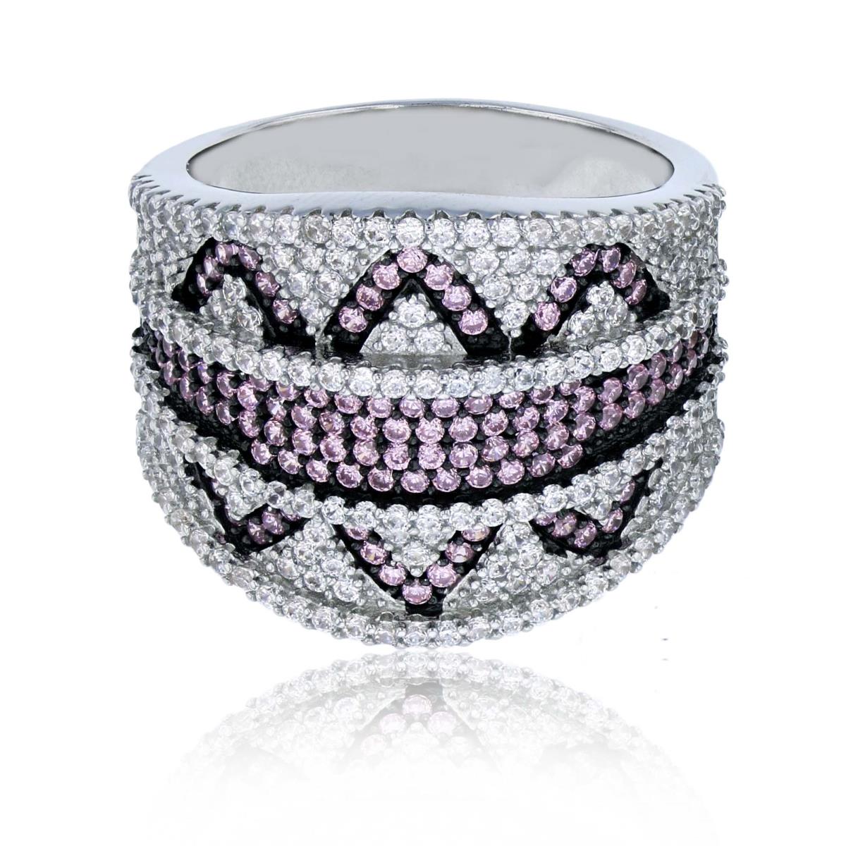 Sterling Silver Black & Rhodium Micropave Pink & White CZ 3-Row Valley Design Fashion Ring