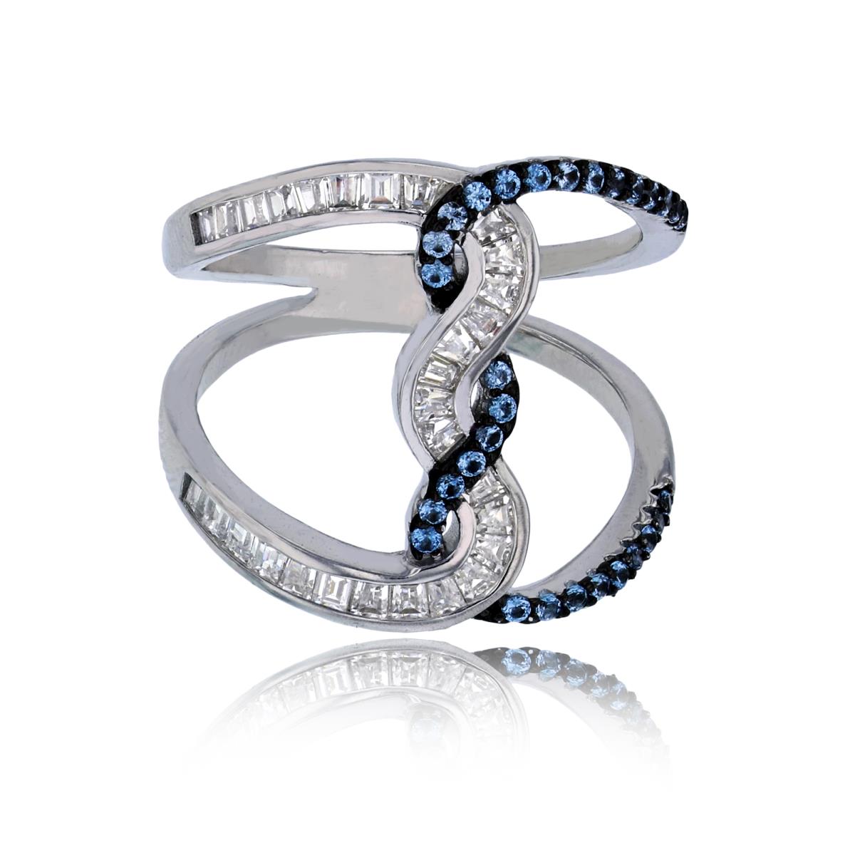 Sterling Silver Black & Rhodium 19mm Blue Rd+White Baguette CZ Twist Knot Fashion Ring