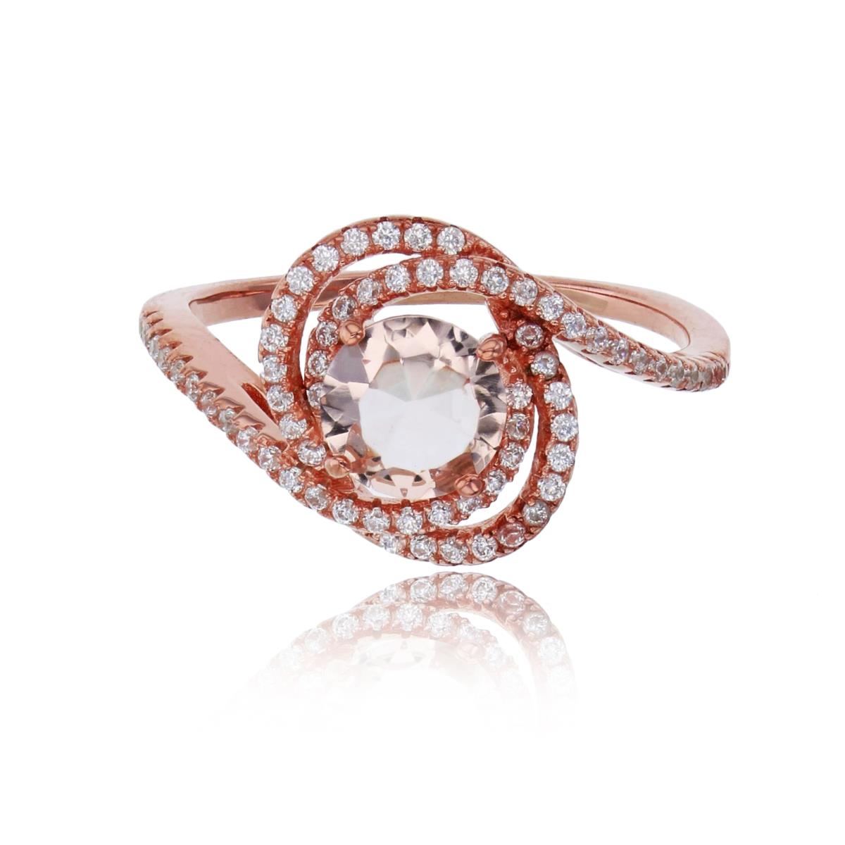 Sterling Silver Rose 6.5mm Morganite Nano Round Cut & White CZ Bypass Knot Engagement Ring
