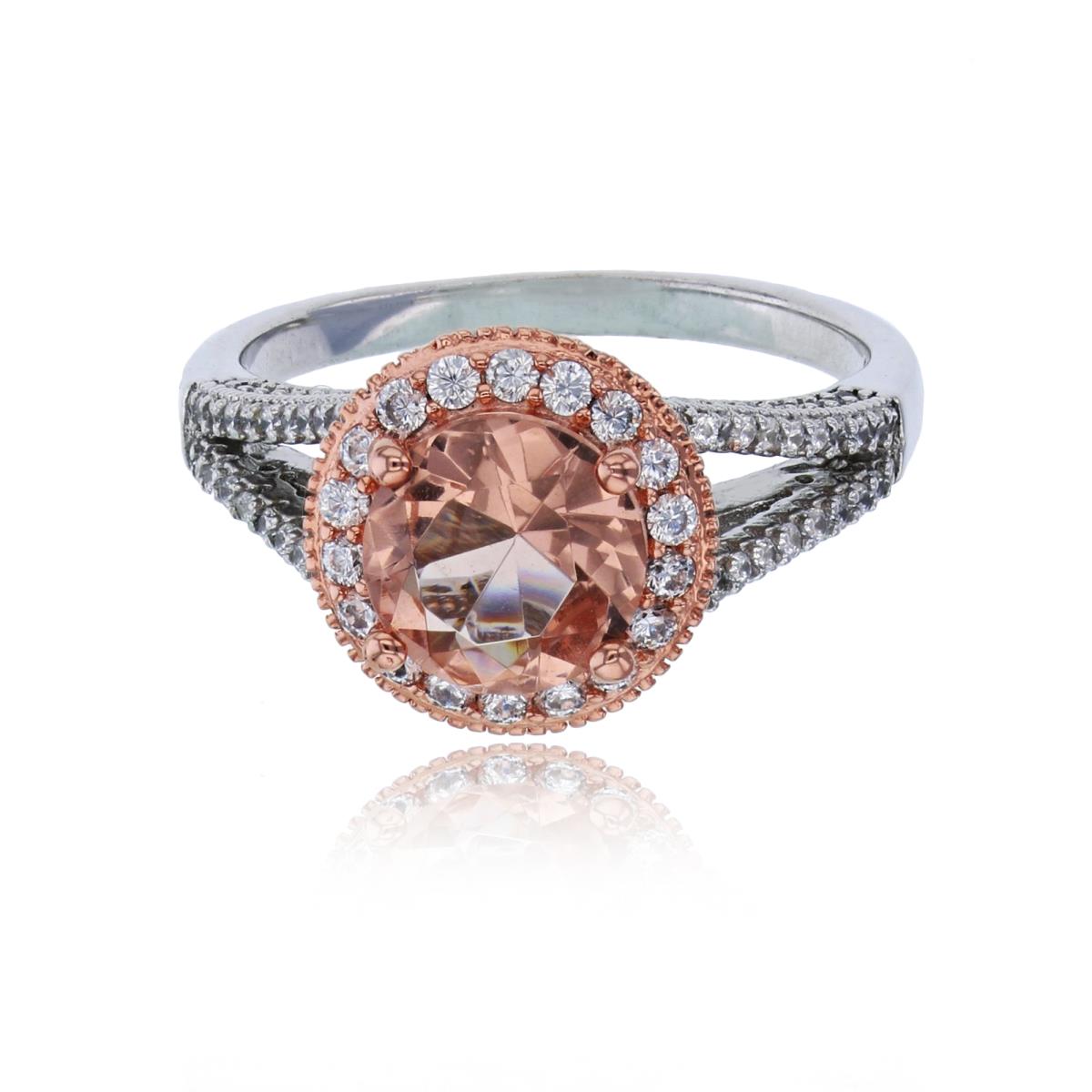 Sterling Silver Rose & Rhodium 8mm Morganite Nano Rd & Micropave White CZ Cathedral Engagement Ring
