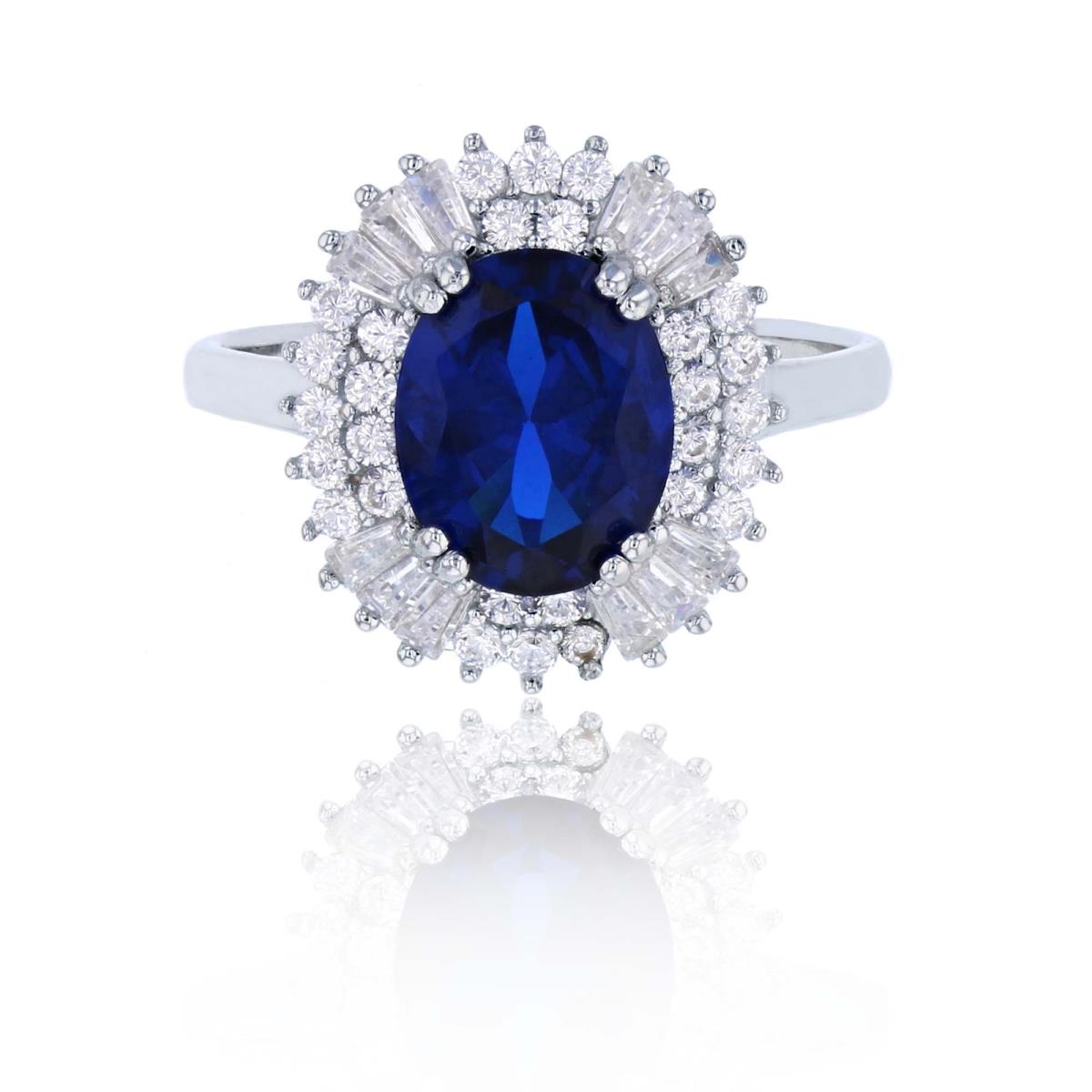 Sterling Silver Rhodium 10x8mm Sapphire Oval Cut with Baguette & Rd CZ Halo Fashion Ring