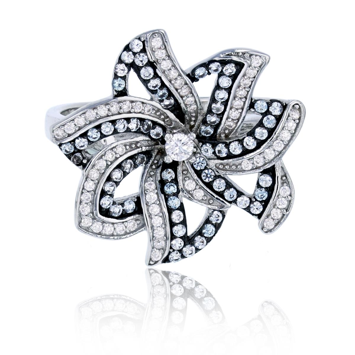 Sterling Silver Black & Rhodium 21mm Micropave Flower Fashion Ring