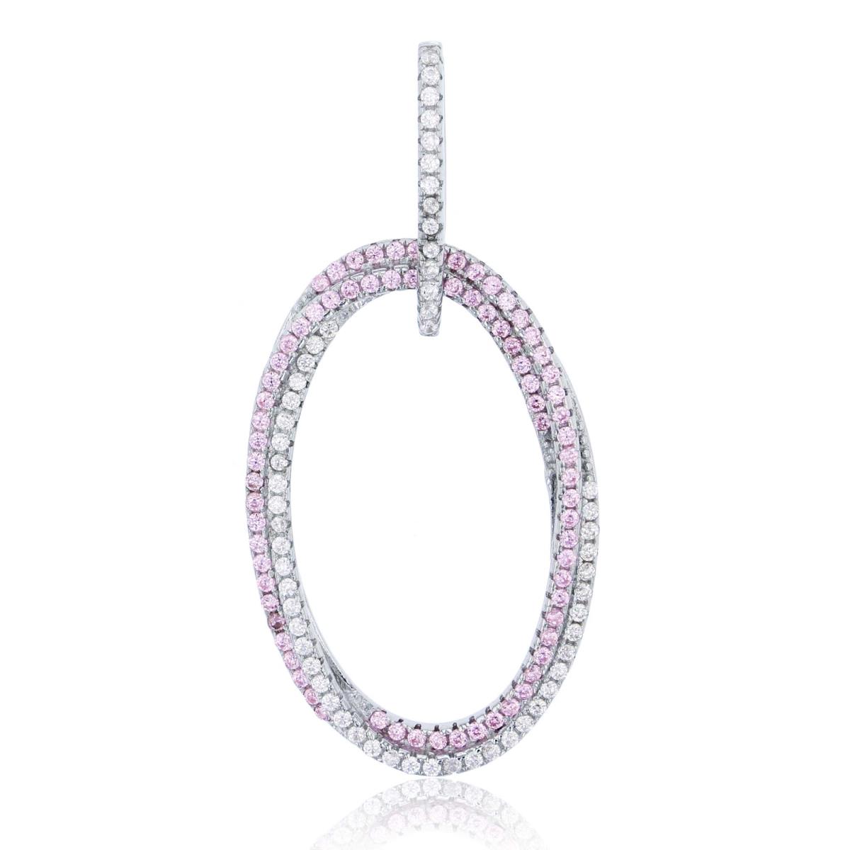 Sterling Silver Rhodium Micropave Pink & White CZ Open Oval Knot Pendant