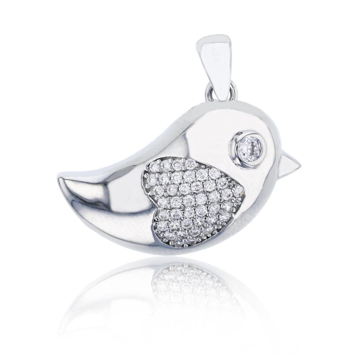 Sterling Silver Rhodium High Polished Bird with Micropave Heart Pendant