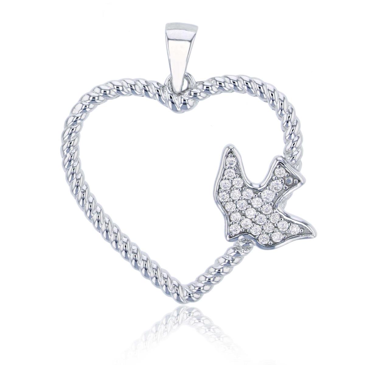 Sterling Silver Rhodium Twisted Open Heart with Micropave Dove Pendant