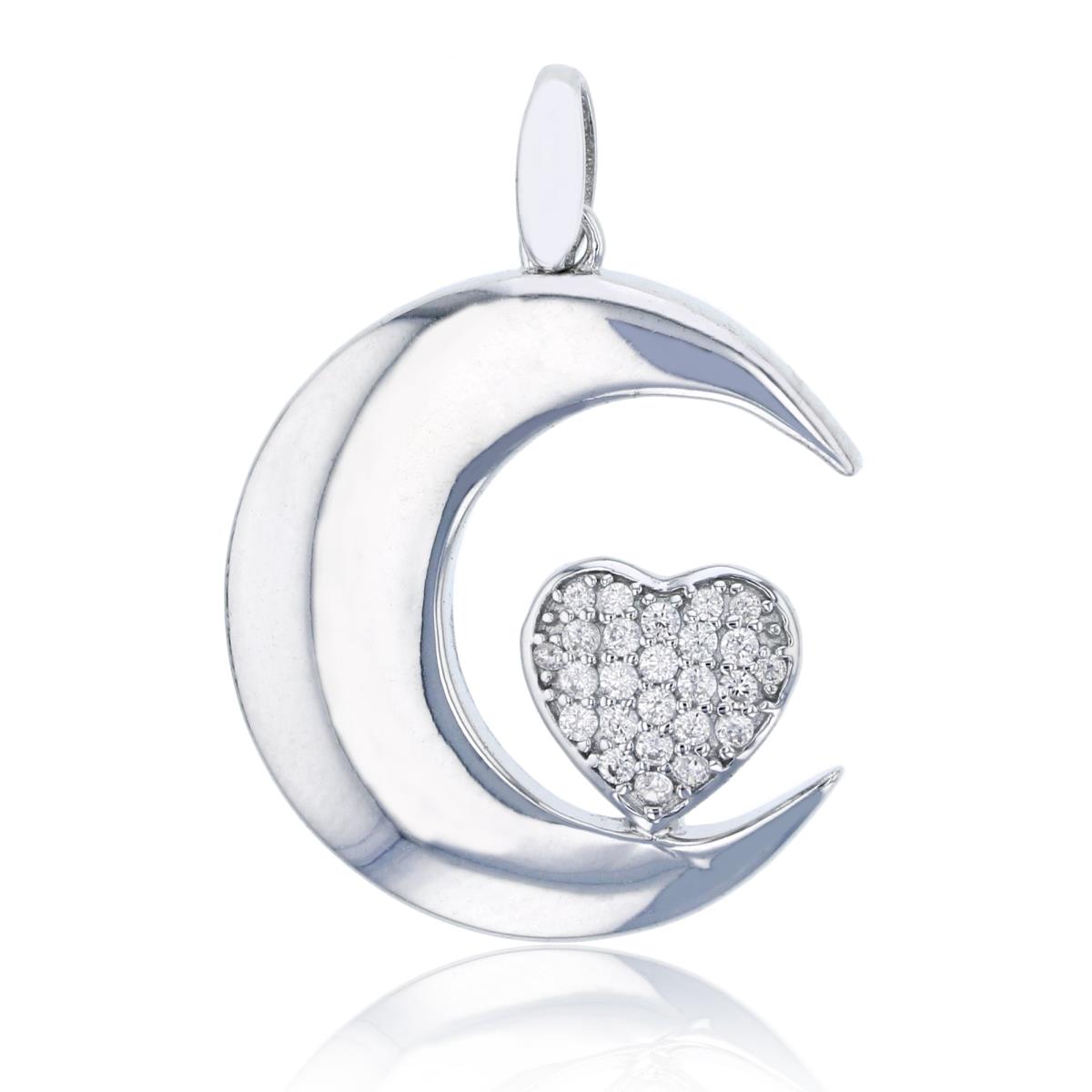 Sterling Silver Rhodium Polished Crescent Moon with Micropave Heart Pendant