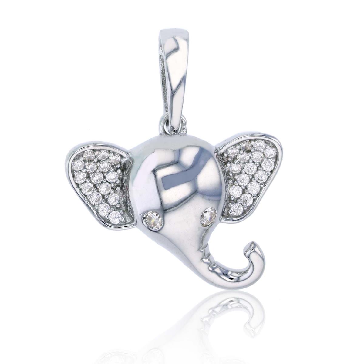 Sterling Silver Rhodium Polished & Micropave Elephant Head Pendant