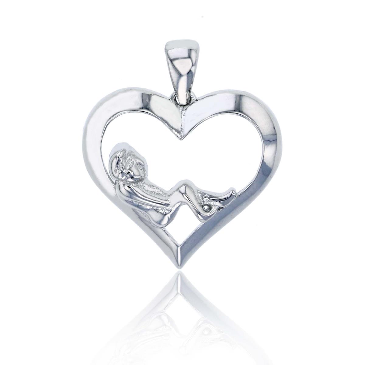 Sterling Silver Rhodium Polished Boy Sitting On Heart Pendant