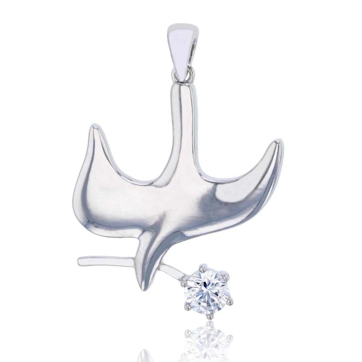Sterling Silver Rhodium High Polished Dove Holding Rose Pendant