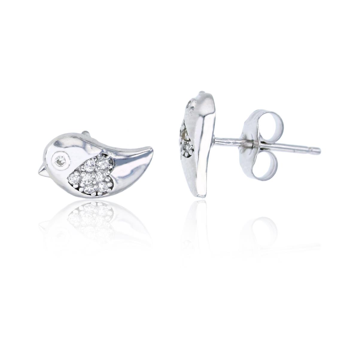 Sterling Silver Rhodium High Polished Bird with Micropave Heart Stud Earring