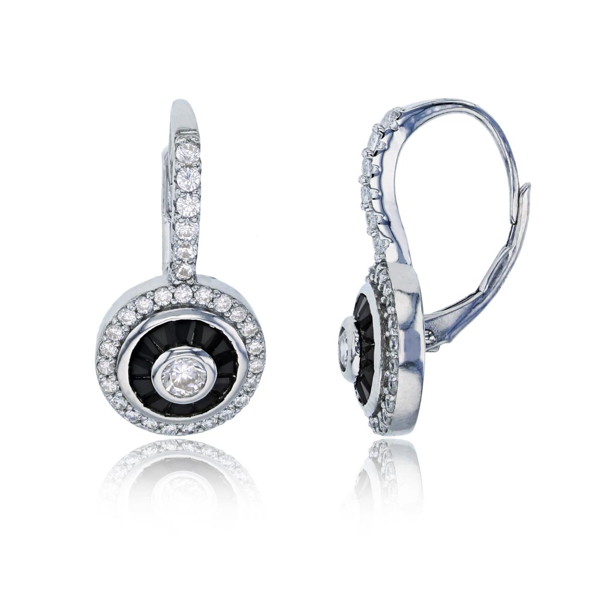 Sterling Silver Rhodium White Rd & Black Baguette CZ Circle Leverback Earring