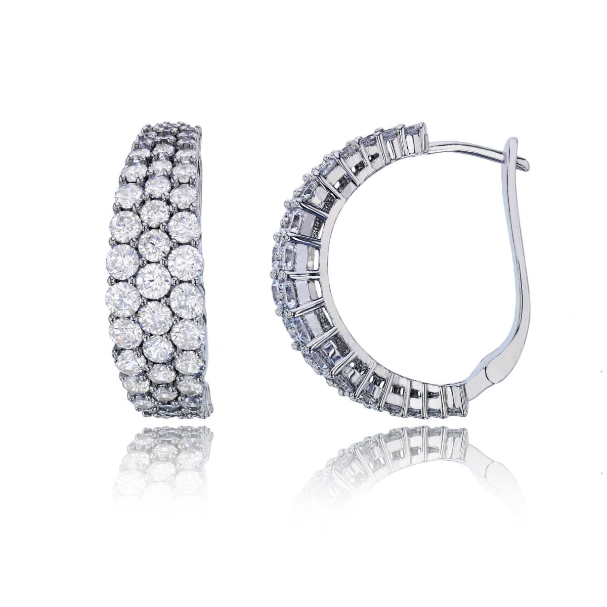 Sterling Silver Rhodium 3-Rows Pave Graduated 25x8mm Huggie Earring
