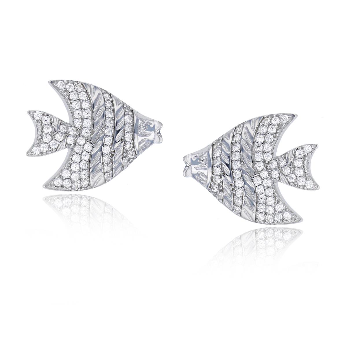 Sterling Silver Rhodium Textured & Micropave Fish Stud Earring