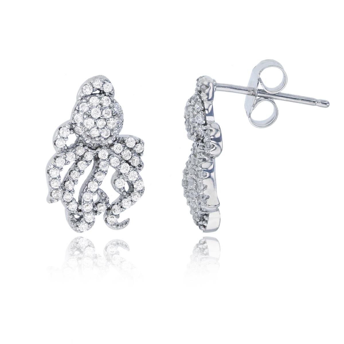 Sterling Silver Rhodium Micropave Octopus Stud Earring