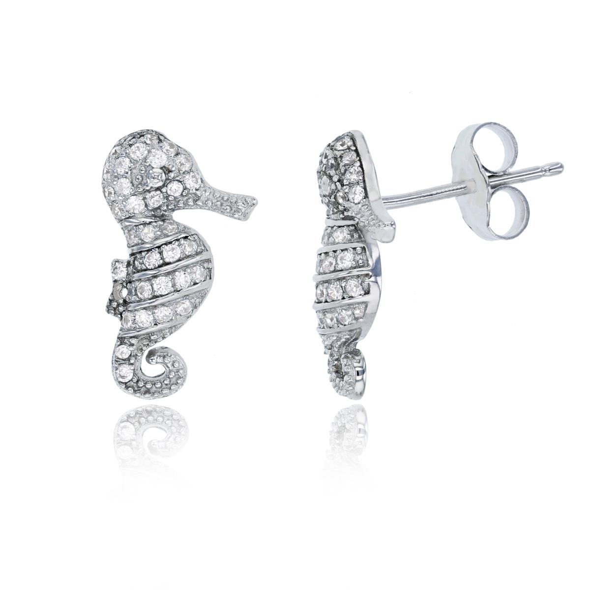 Sterling Silver Rhodium Micropave Sea Horse Stud Earring